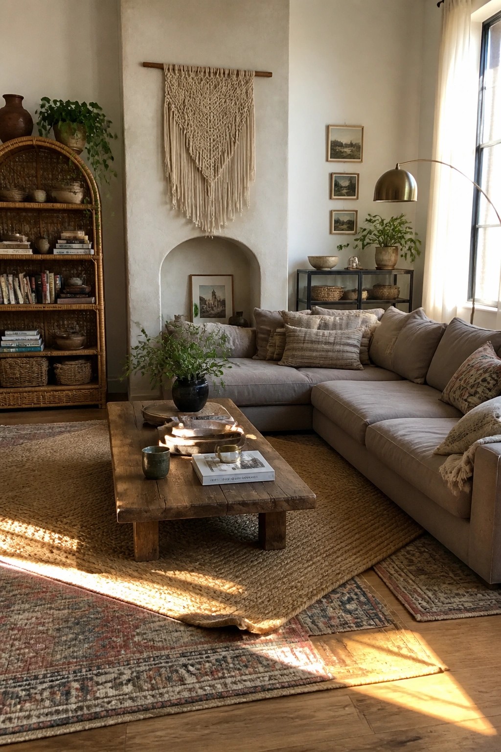 A living room with a gray sectional sofa, wooden coffee table, layered rugs including a large jute one, macrame wall hanging, and rattan bookshelf.