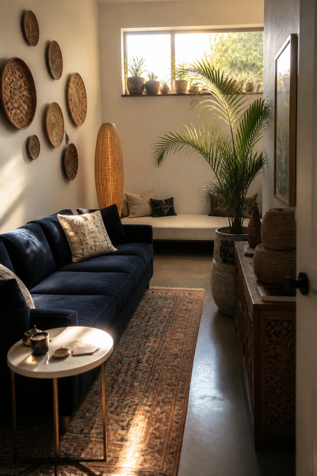 A living room with a navy blue sofa, patterned rug, woven wall baskets, large potted palm, and a window seat under bright sunlight.