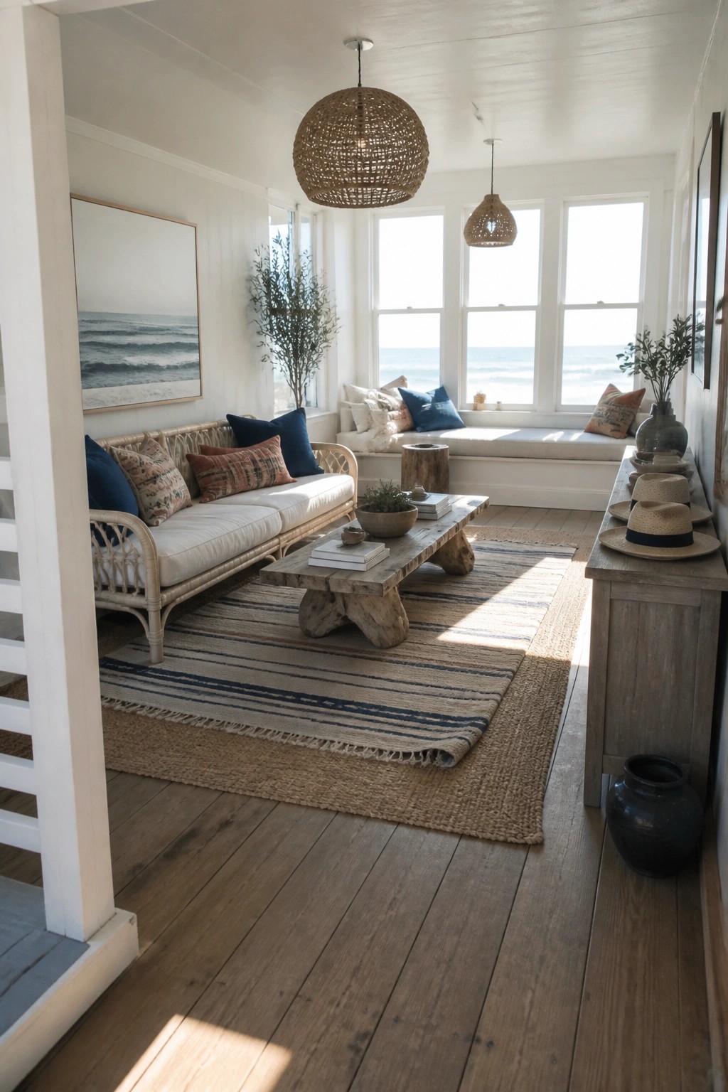 A bright living room featuring a rattan sofa, wooden coffee table, layered striped and jute rugs on wood flooring, and large windows overlooking the ocean.