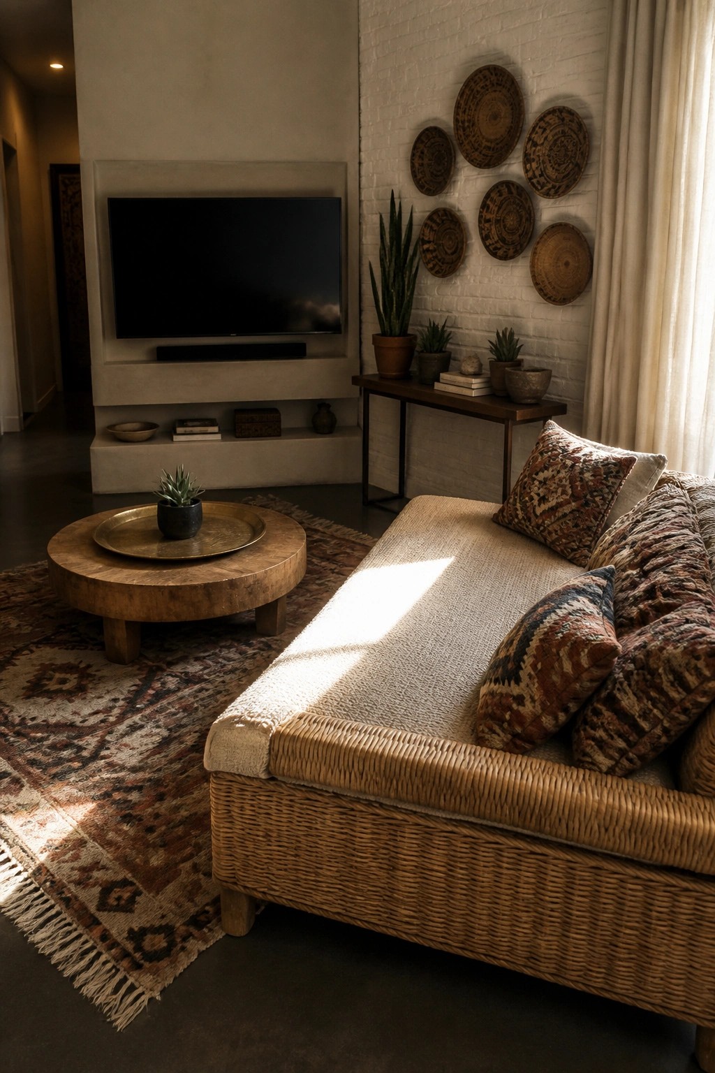 A living room featuring a wicker sofa with patterned cushions, a round wooden coffee table on a rug, a wall-mounted television, and woven baskets arranged on a white brick wall.