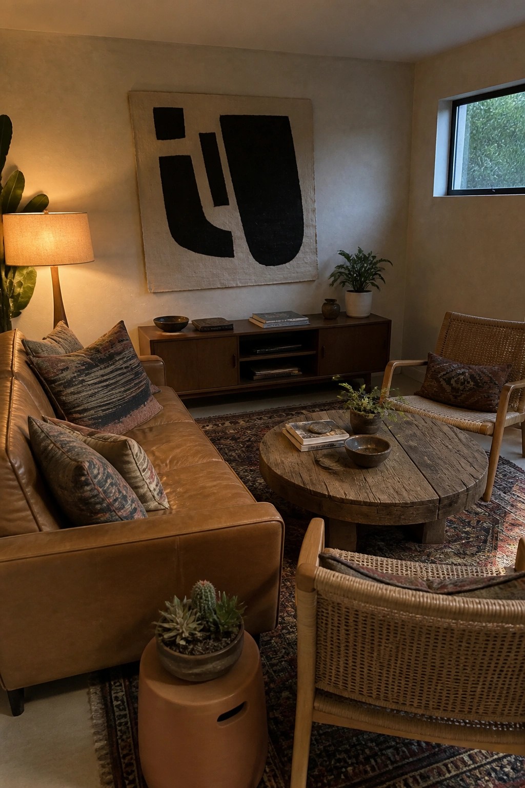 A living room featuring a brown leather sofa with patterned pillows, two woven rattan chairs, a round wooden coffee table on a patterned rug, and abstract black and beige wall art above a wooden console.