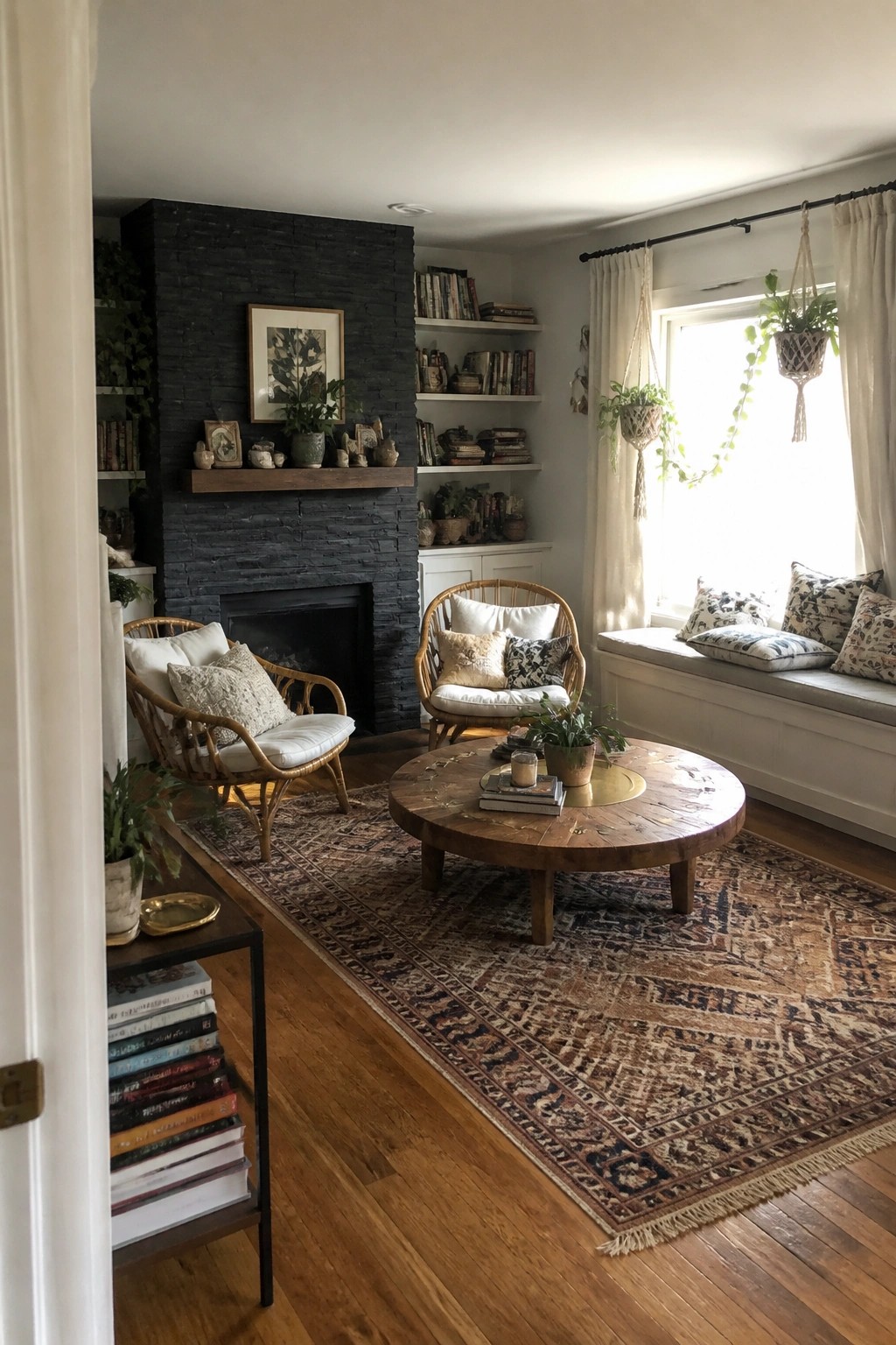 A living room featuring a round wooden coffee table centered on a large patterned rug, with rattan chairs, a black stone fireplace, and a window seat.