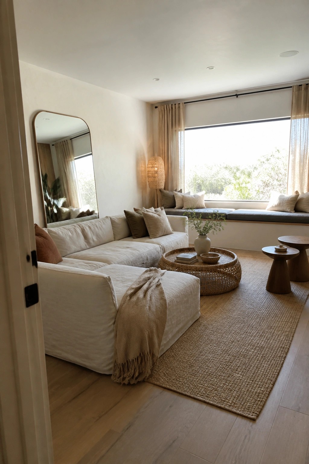 A bright living room with a large white sectional sofa on a jute rug, wooden side tables, and a built-in window seat with cushions.
