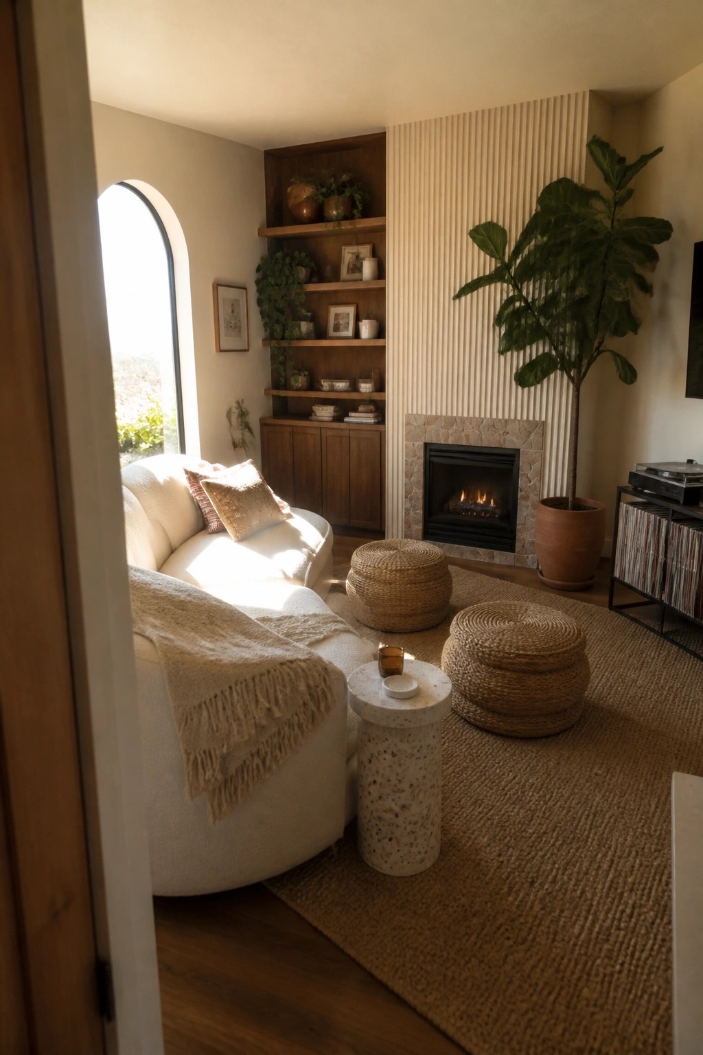 A modern living room features a curved white sofa with a throw blanket, two woven ottomans on a jute rug, built-in wooden shelves beside a stone fireplace, and a large potted plant.