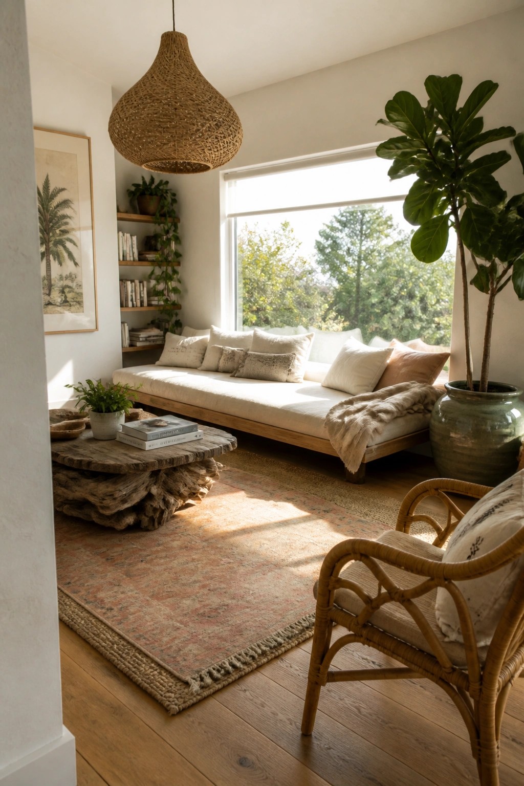 Cozy bohemian living room with daybed, woven pendant light, rattan chair, and sunlit window.