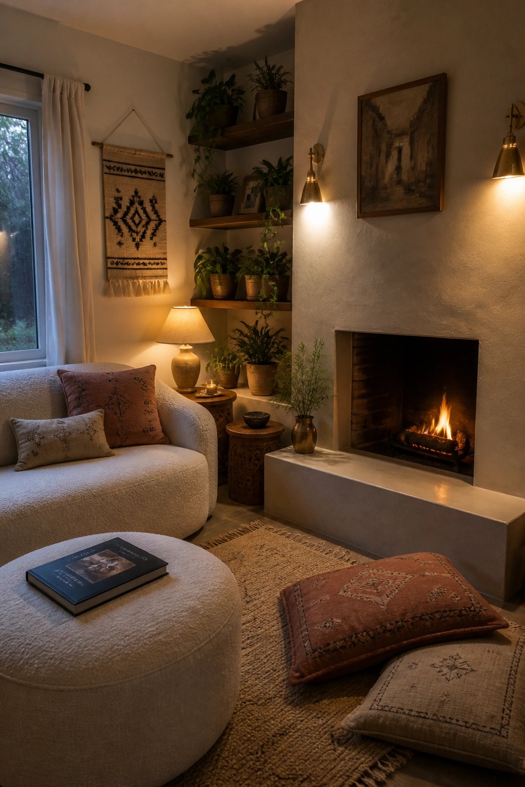 A living room with built-in wooden shelves holding numerous potted plants next to a lit fireplace and a white sofa.