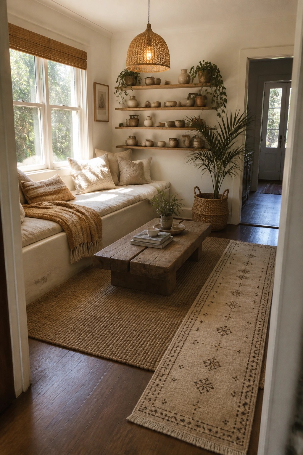 A bright living room features a built-in window seat with cushions, a low wooden coffee table on layered rugs, floating wooden shelves holding potted plants and ceramics, and a large potted palm near an open doorway.