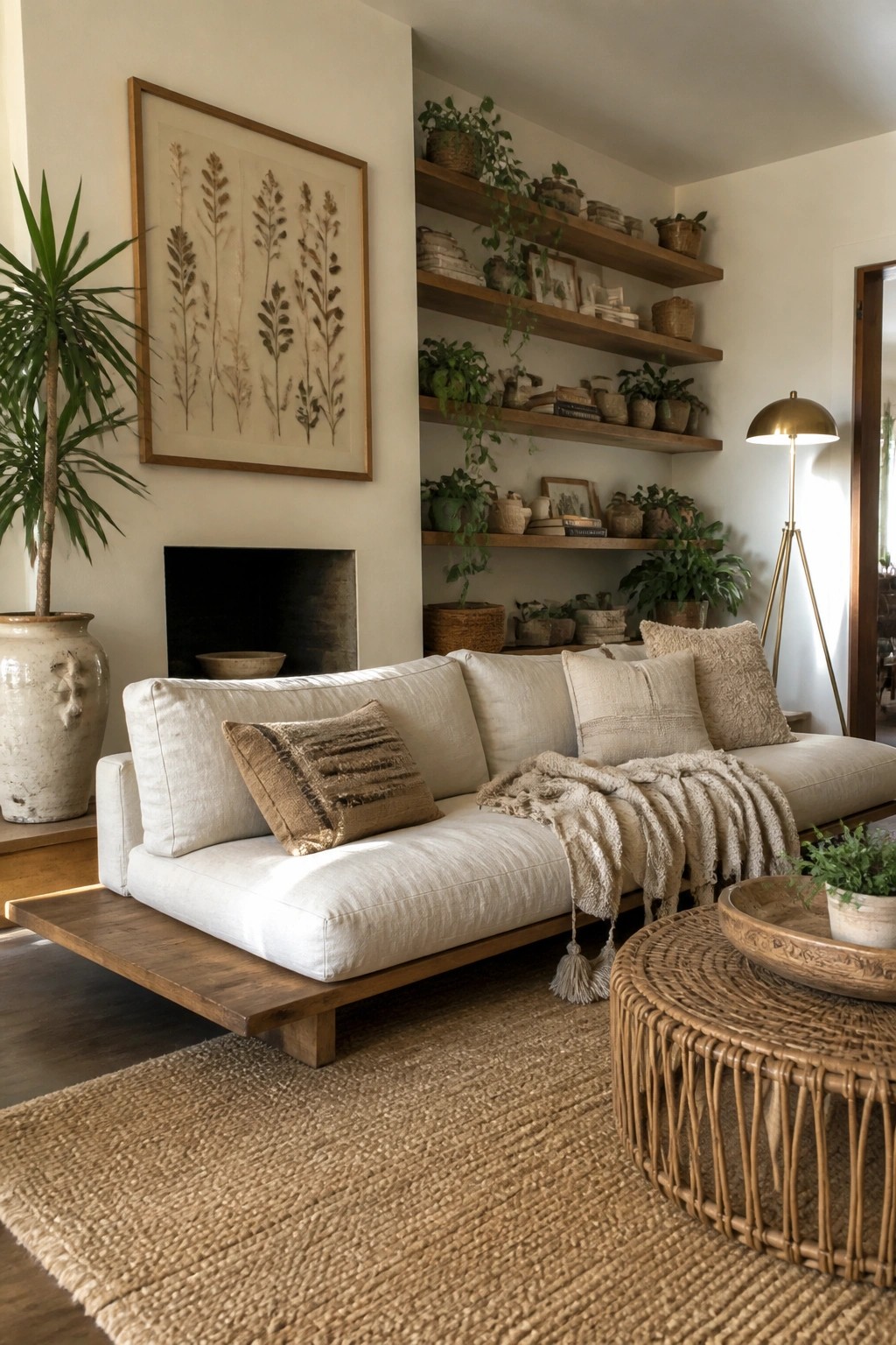 A living room scene showing a low white sofa on a wood platform beneath three tiers of wooden floating shelves filled with potted plants, next to a large framed botanical print.