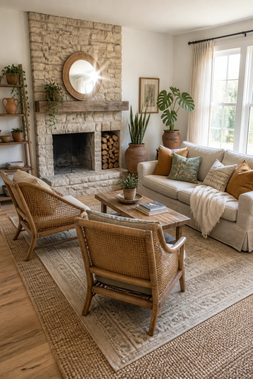 A living room featuring a stone fireplace with a round mirror above it, a light sofa, two woven armchairs, a wooden coffee table, and a tall leaning wooden shelf holding multiple potted plants to the left of the fireplace.