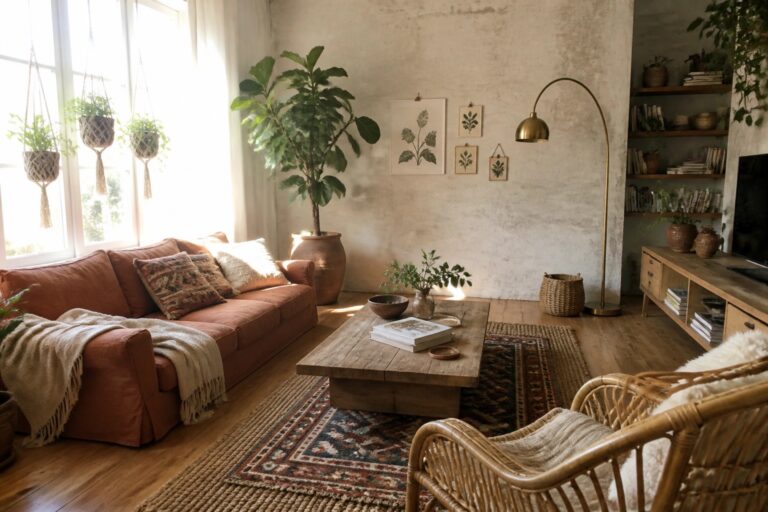 A living room with a terracotta sofa, wooden coffee table on a patterned rug, and multiple indoor plants including a large fiddle leaf fig and hanging macrame planters by the window.