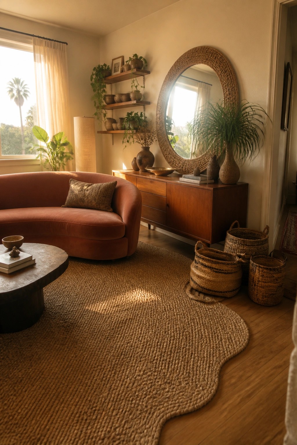 A living room scene showing floating wooden shelves above a console table, filled with potted plants and pottery next to a large round woven mirror.
