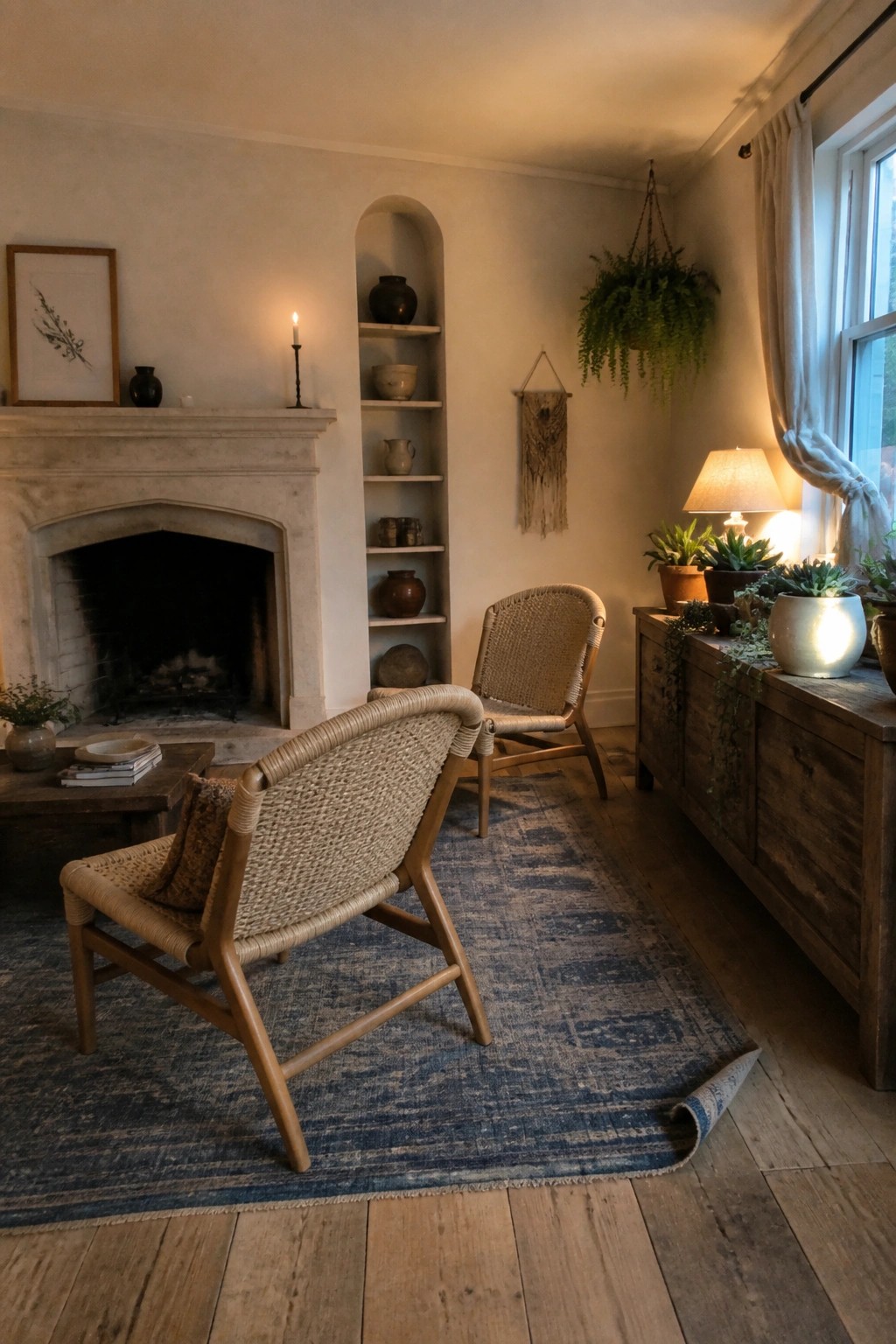 Cozy rustic room with woven rattan chairs, blue rug, marble fireplace, and plants.