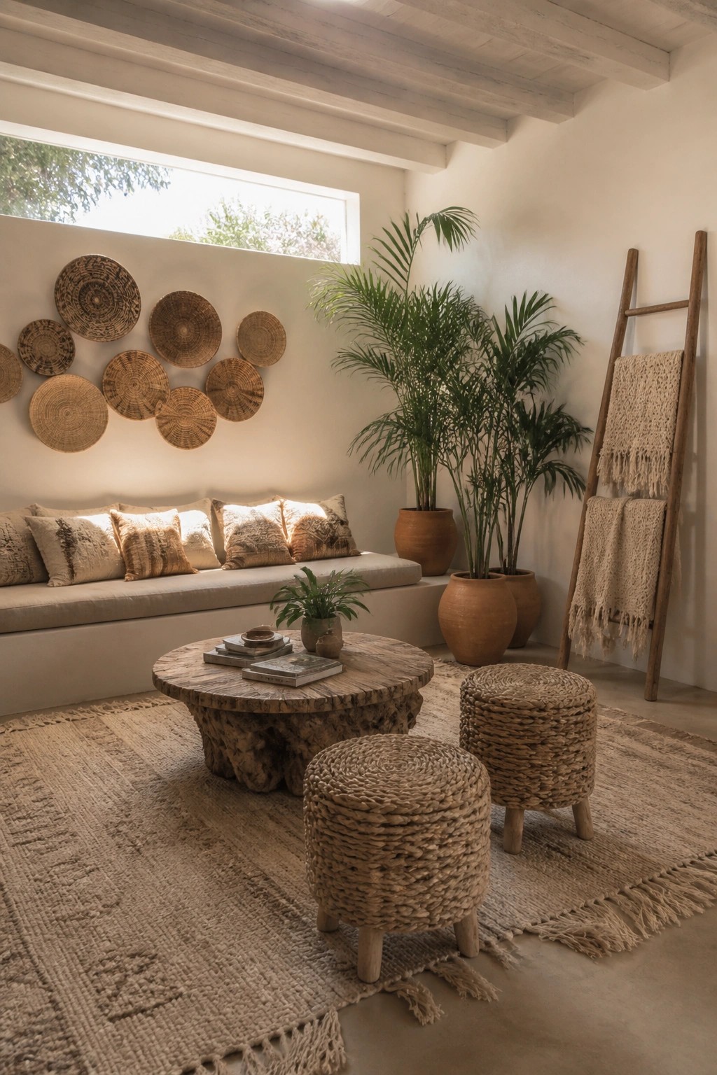 A neutral boho living room featuring a built-in bench with pillows, woven wall baskets, a round wood coffee table, two woven stools, and a cluster of tall potted palm plants in terracotta pots.