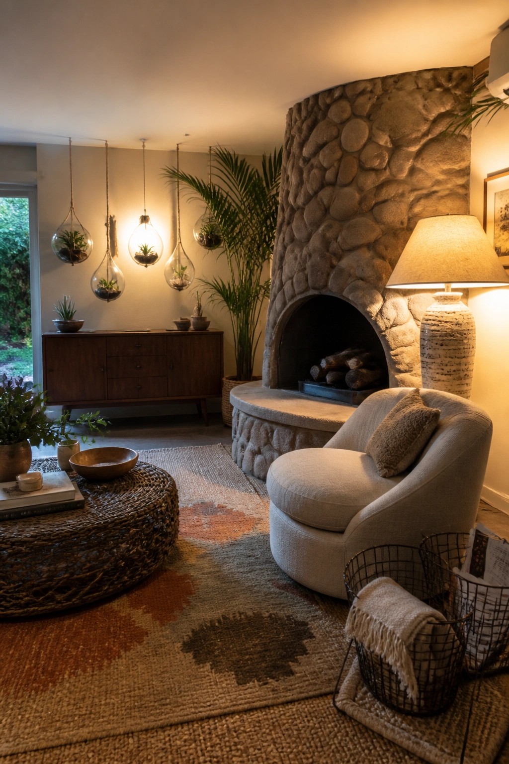 A living room with a large stone fireplace, a round woven coffee table on a patterned rug, a beige armchair, and several glass hanging planters suspended from the ceiling.