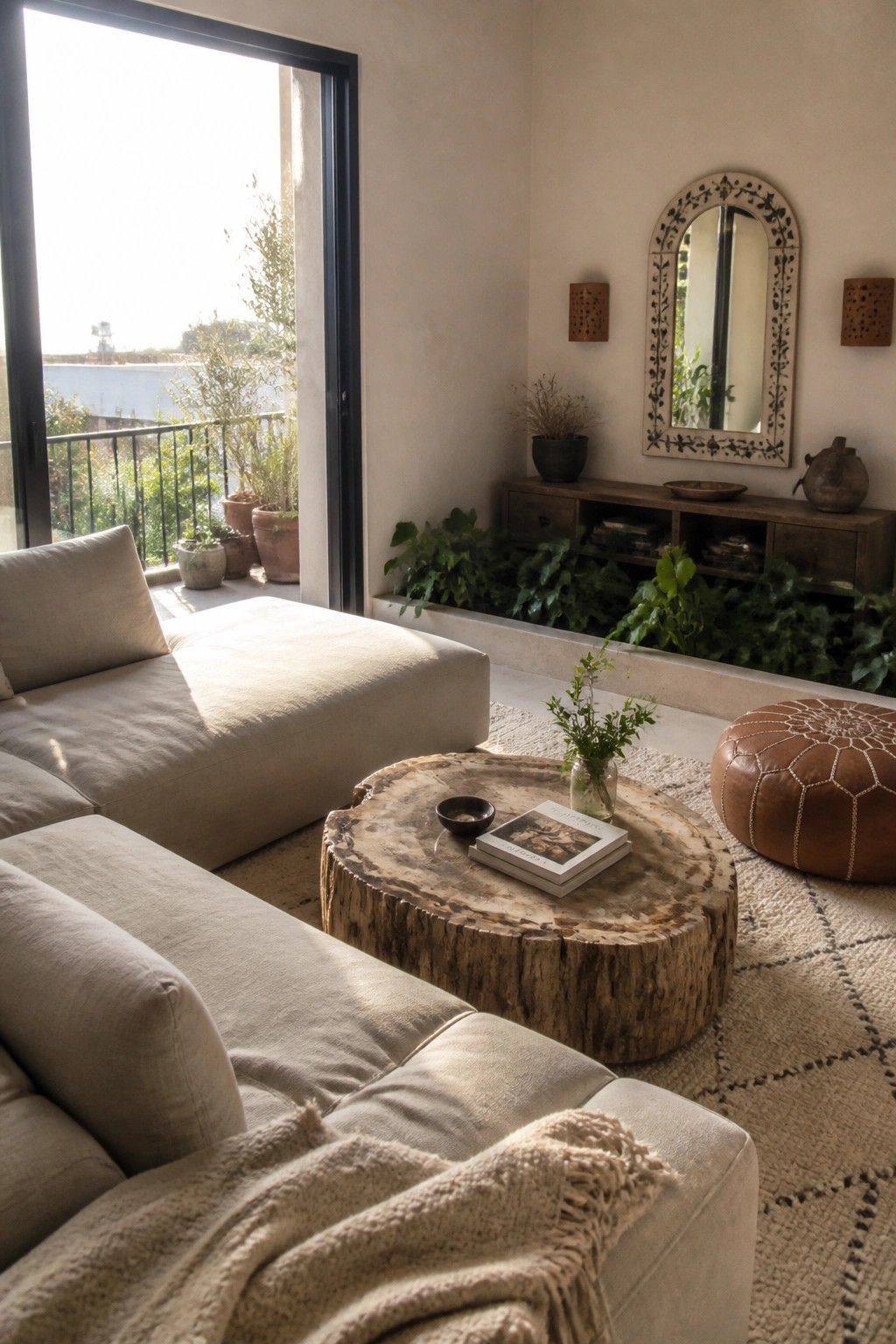 A living room interior with a beige sectional sofa, round wood coffee table, patterned rug, and a long recessed ledge filled with green plants beneath a wooden console and mirror.