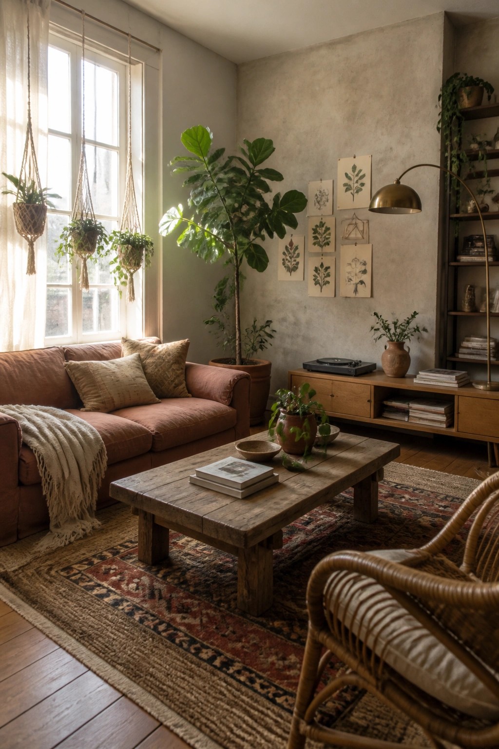 A living room with a terracotta sofa, wooden coffee table on a patterned rug, and multiple indoor plants including a large fiddle leaf fig and hanging macrame planters by the window.