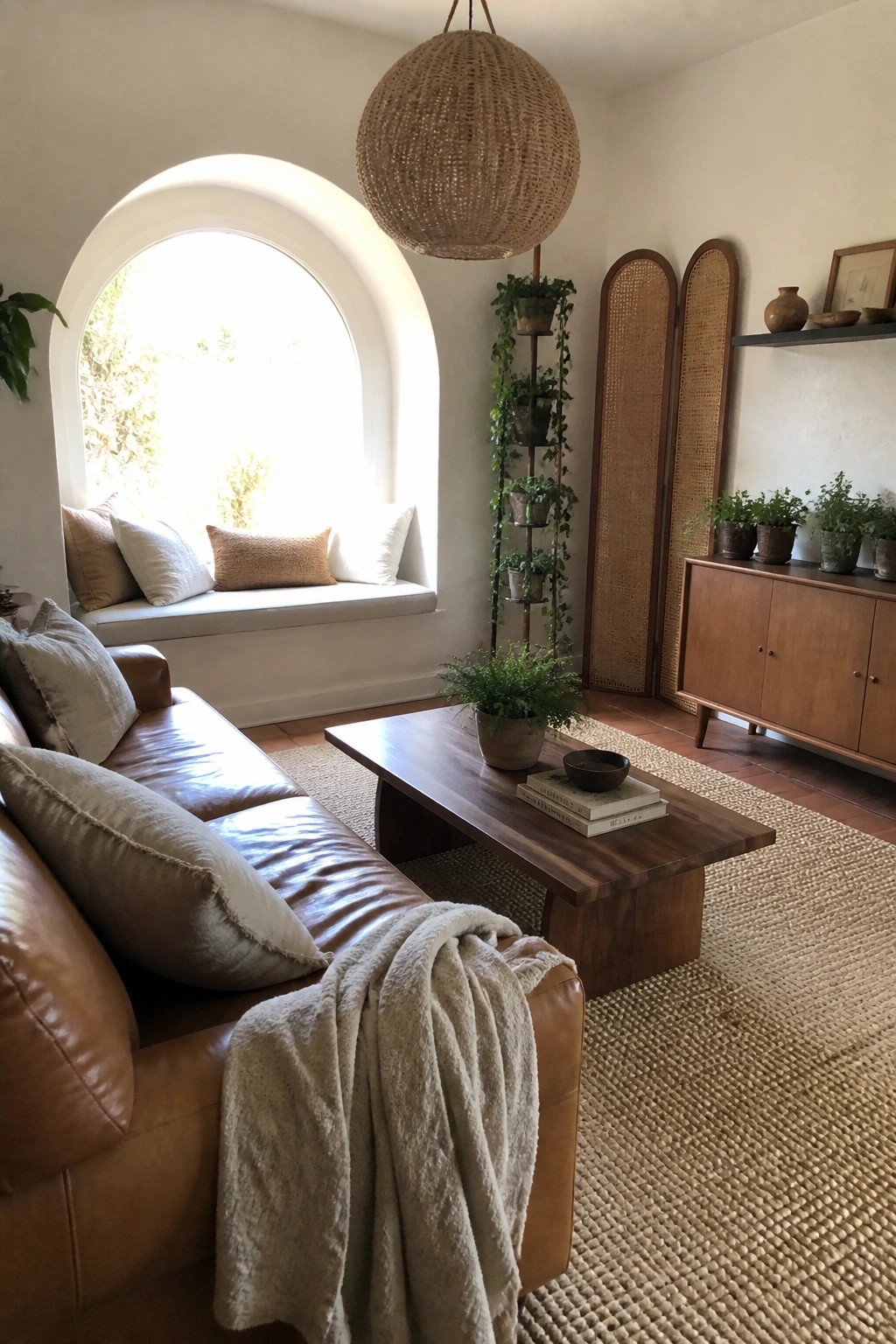 Cozy living room with brown leather sofa, arched window, wooden table, and woven light.