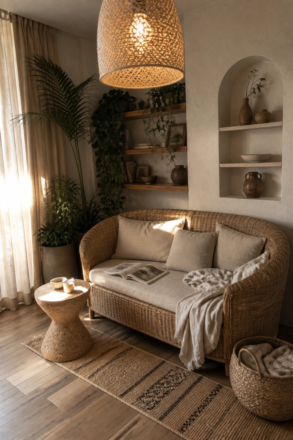 A woven sofa sits in a light-filled room with wooden shelves holding potted plants, books, and ceramics, next to an arched niche displaying vases.