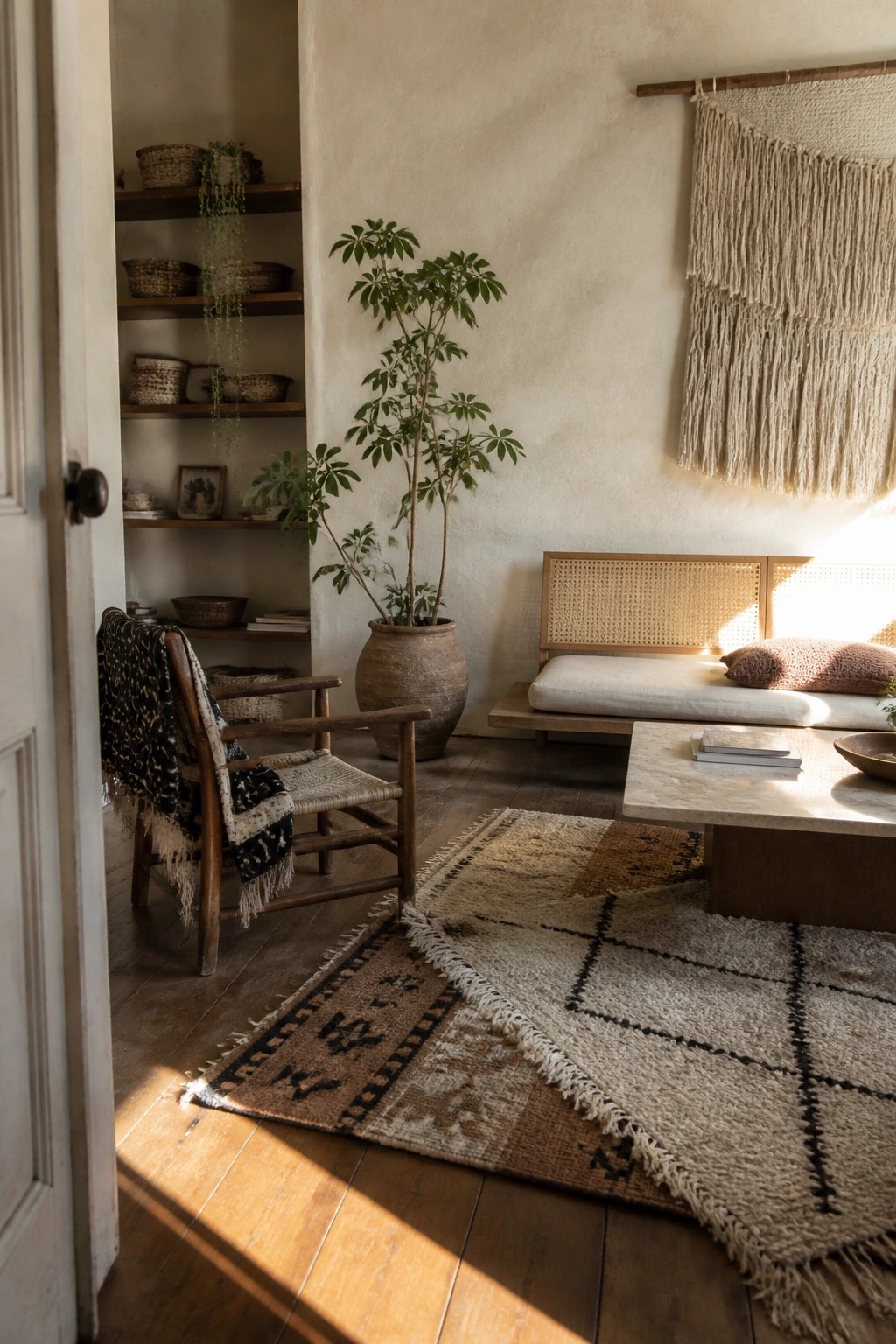 A sunlit living room featuring a tall leafy plant in a large clay pot beside a wooden daybed with cane back, layered patterned rugs on dark wood floors, and a woven wall hanging.