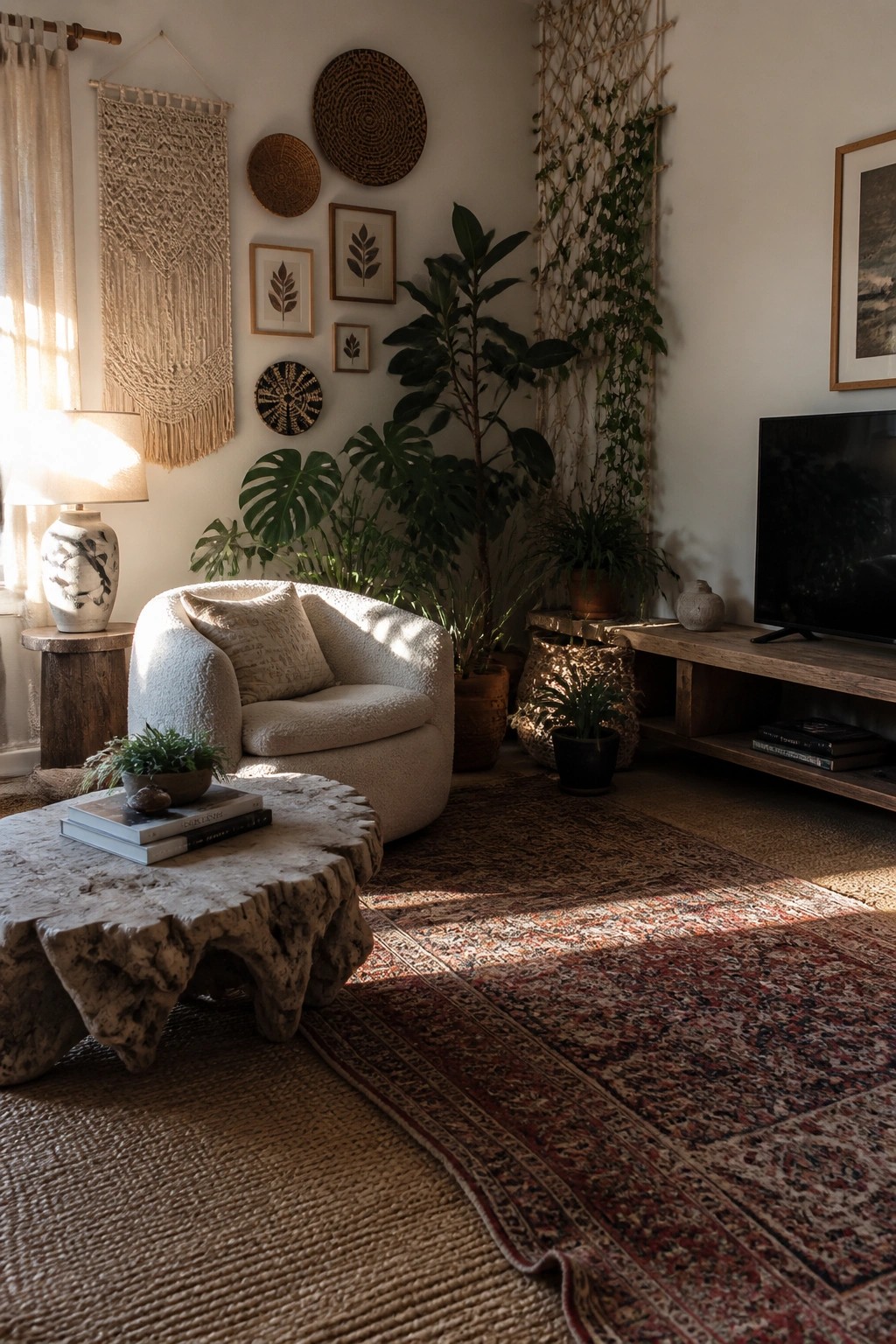 A sunlit living room featuring a white boucle armchair, a live-edge wood coffee table, multiple potted plants of varying heights, macrame wall hangings, woven baskets, and a red patterned rug.