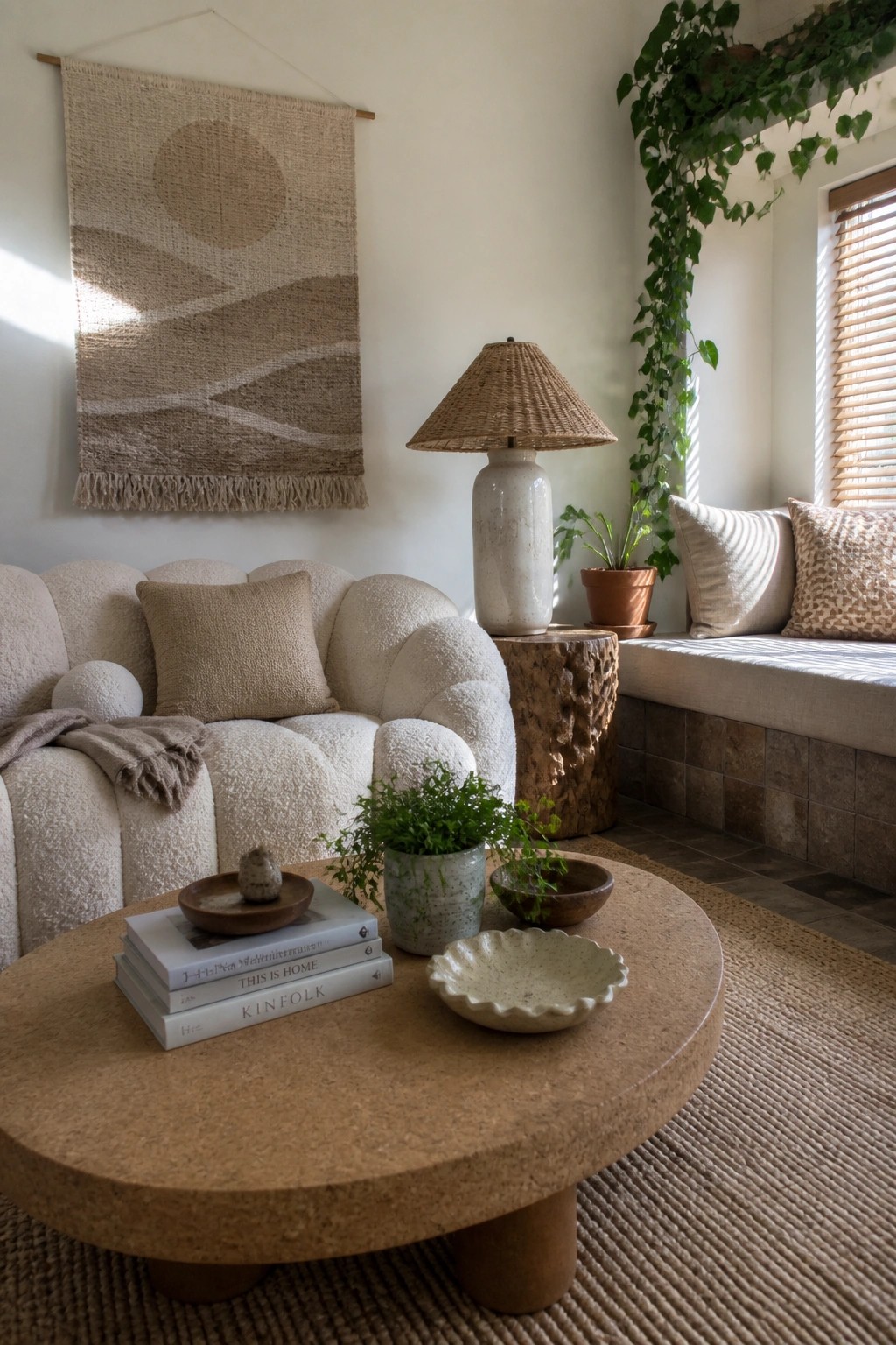 A boho living room featuring a white boucle sofa, round cork coffee table with stacked books and potted plants, woven lamp on a wooden stump, and hanging plants near a window seat.