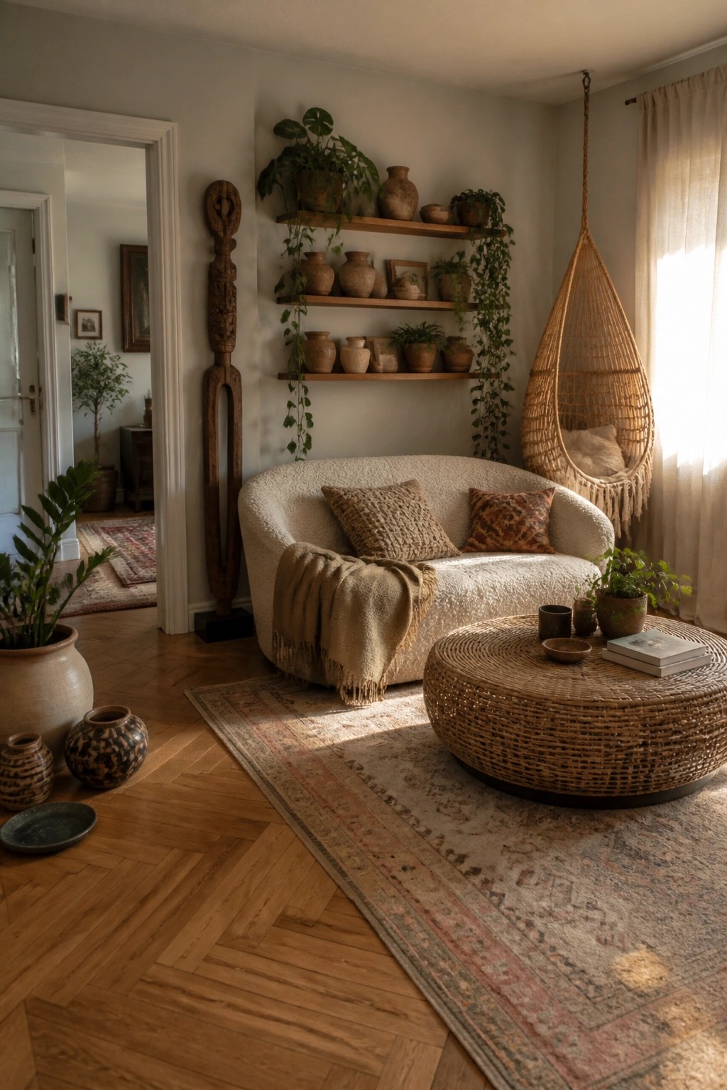 A living room corner showing wooden floating shelves filled with potted plants and ceramics above a white curved sofa, with a woven round coffee table and a hanging chair nearby.