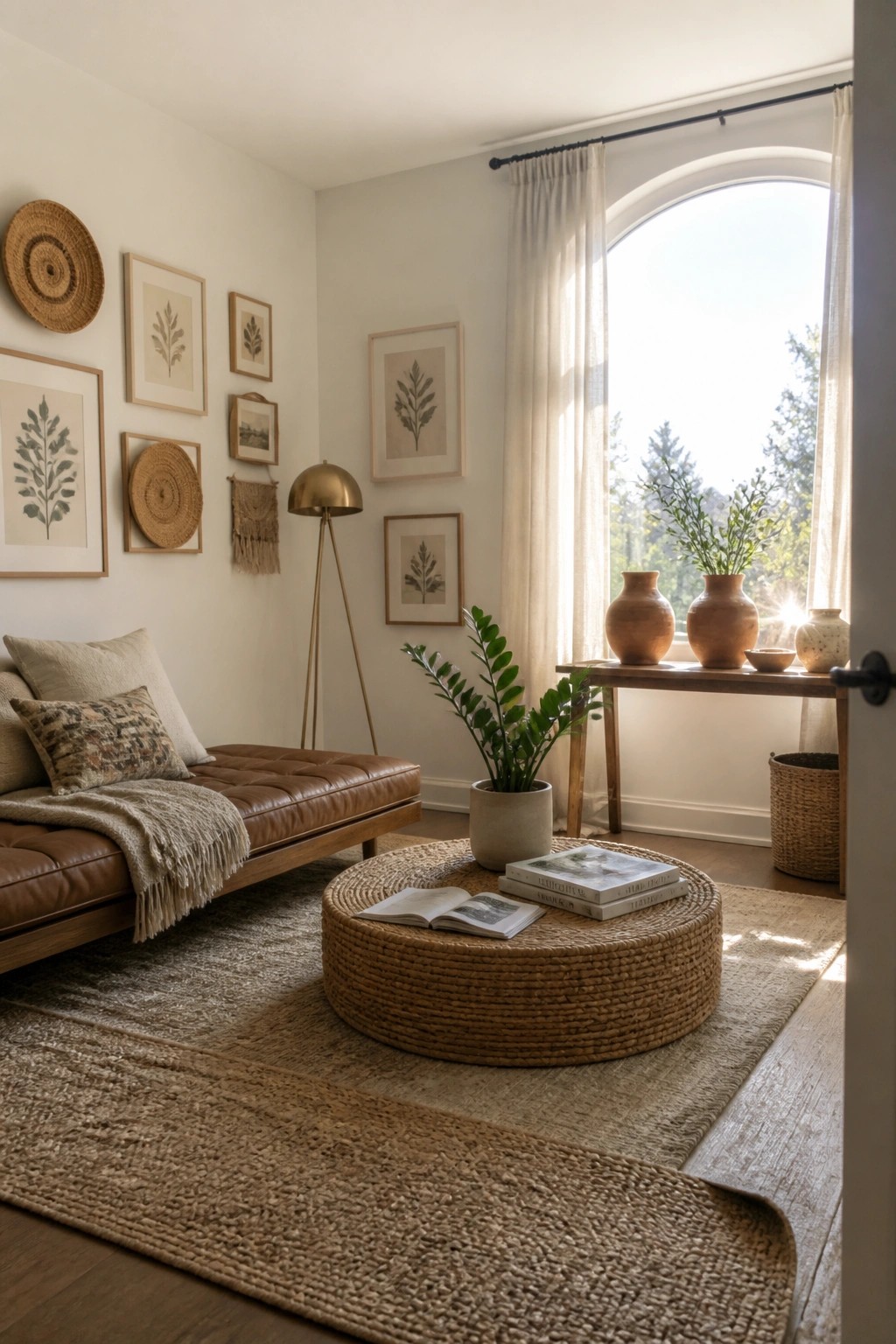 Cozy neutral living room with leather chaise, woven table, gallery wall, and sunlit arched window.