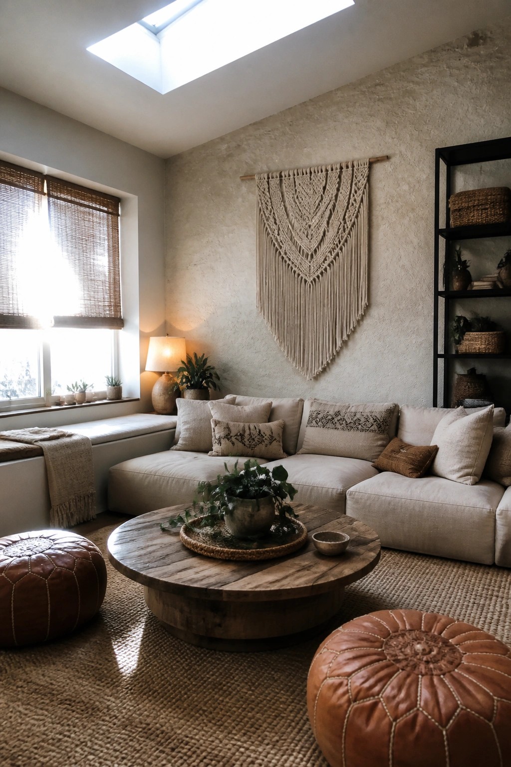 Neutral living room with beige sectional sofa, round wood table, leather poufs, and macrame art