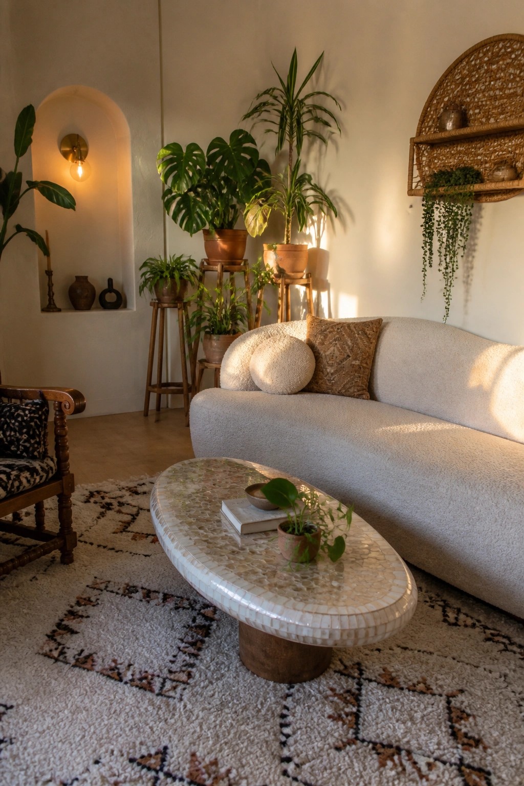 A living room with a curved white sofa, mosaic coffee table on a patterned rug, and many potted plants arranged on wooden stands of different heights plus an arched wall niche.