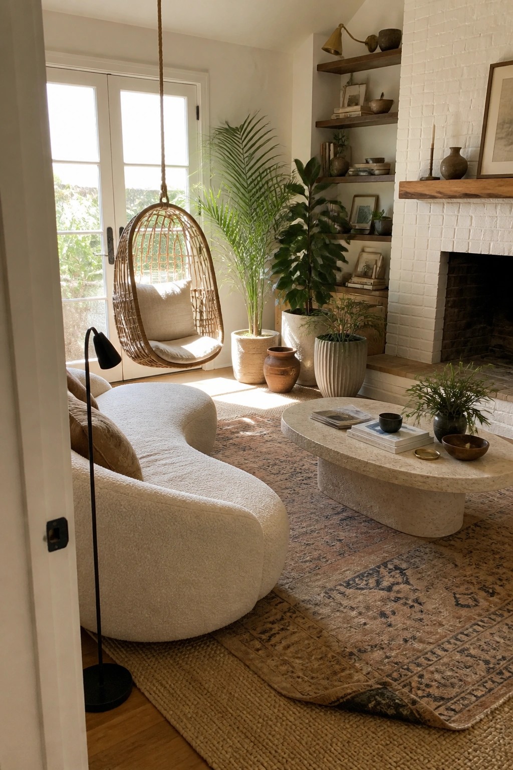 Sunlit living room with hanging wicker chair, white sofa, stone table, and plants.