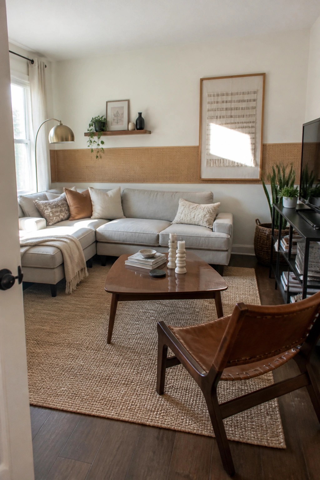 A living room with a light gray sectional sofa, wooden coffee table on a jute rug, and a woven rattan accent wall behind the seating.