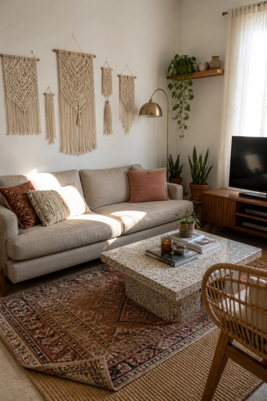 A modern boho living room with a beige sofa, patterned rug, terrazzo coffee table, and several macrame wall hangings arranged above the seating.