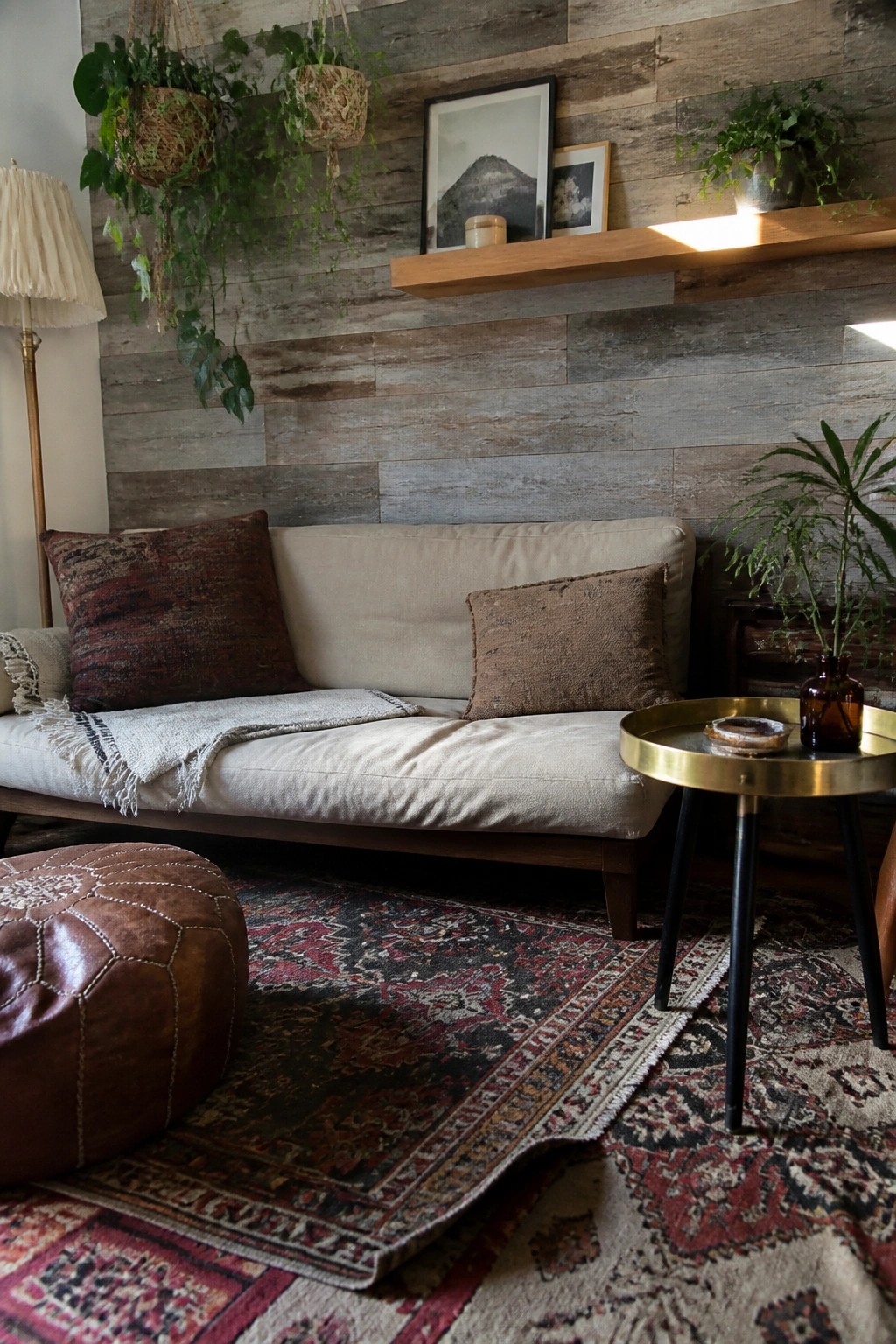 Cozy beige sofa with pillows beside leather pouf on patterned rugs amid hanging plants.