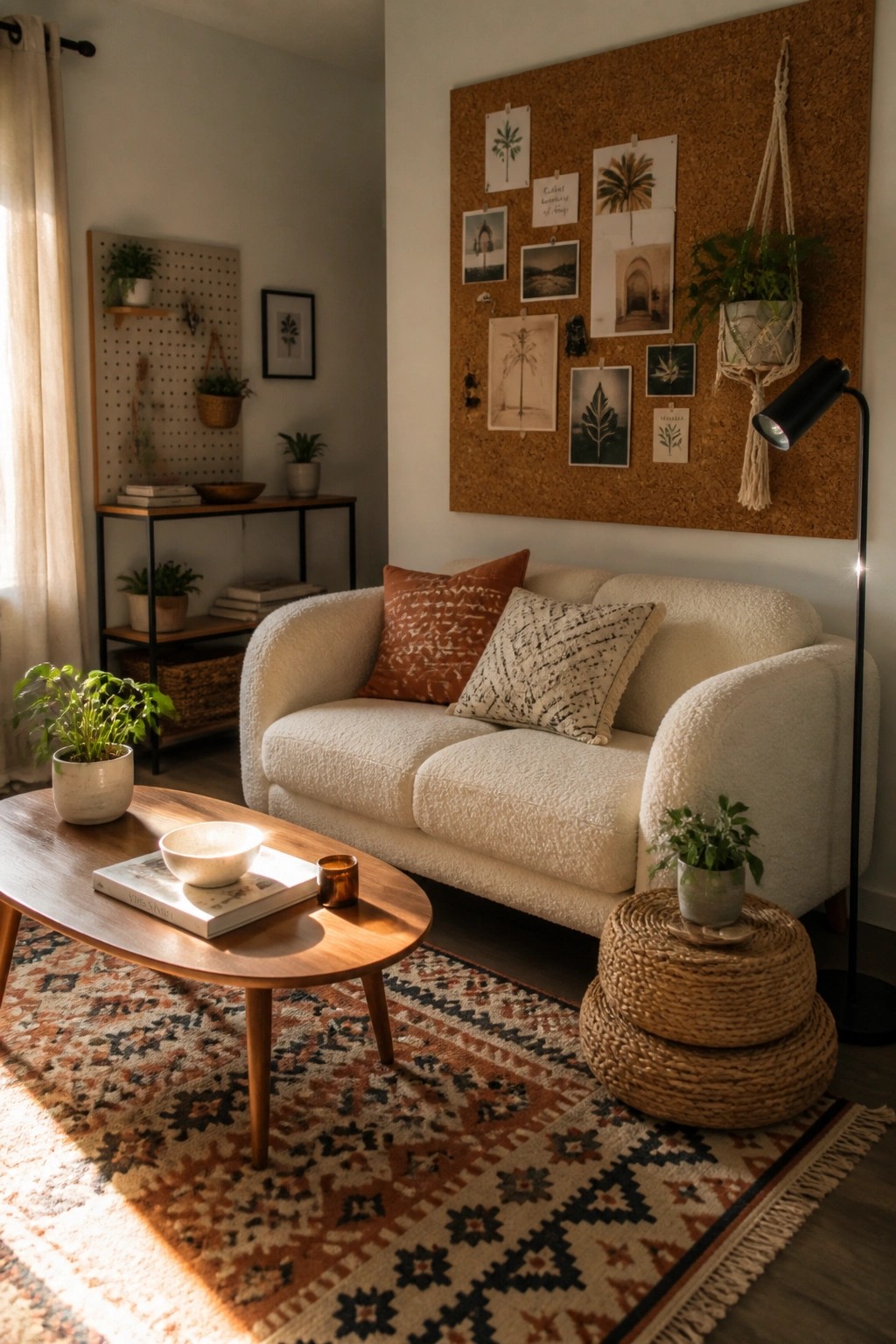 A modern boho living room with a white sofa under a large corkboard displaying pinned photos and prints, a wooden coffee table on a patterned rug, and various houseplants.
