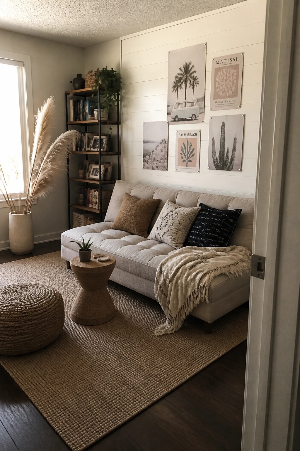 A living room scene showing a light sofa against a white paneled wall with six framed prints arranged in a gallery layout, a round side table, and a large woven rug on dark wood flooring.