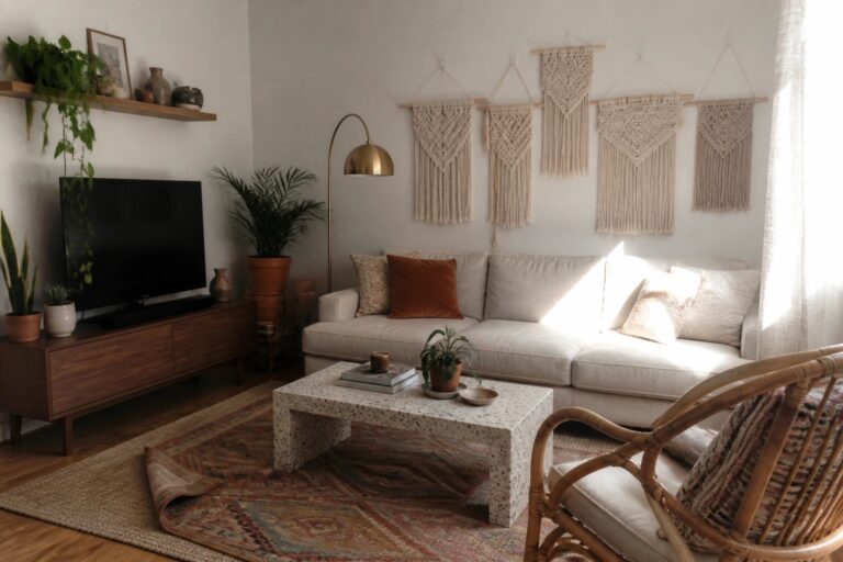A modern boho living room with a beige sofa, patterned rug, terrazzo coffee table, and several macrame wall hangings arranged above the seating.