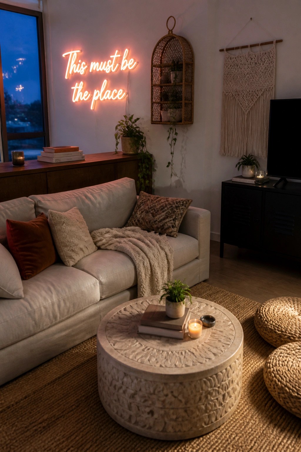 Cozy living room with beige sofa, carved stone table, pink neon sign, and plants.