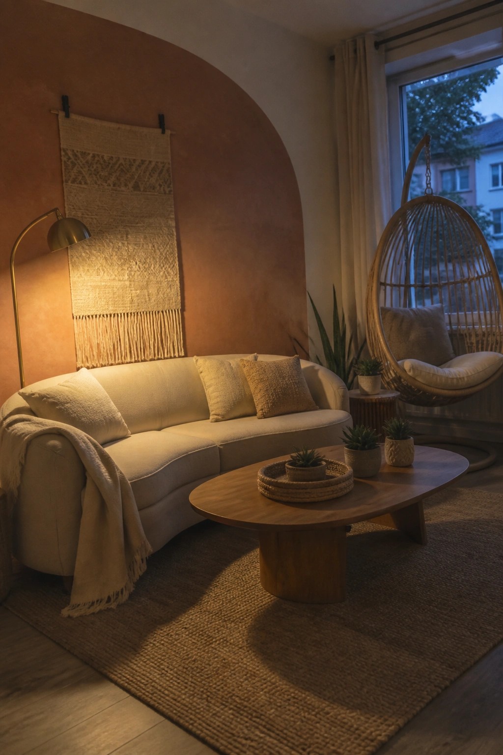 A living room featuring a curved beige sofa, oval wooden coffee table, hanging wicker chair, and a large macrame wall hanging mounted on a terracotta wall.