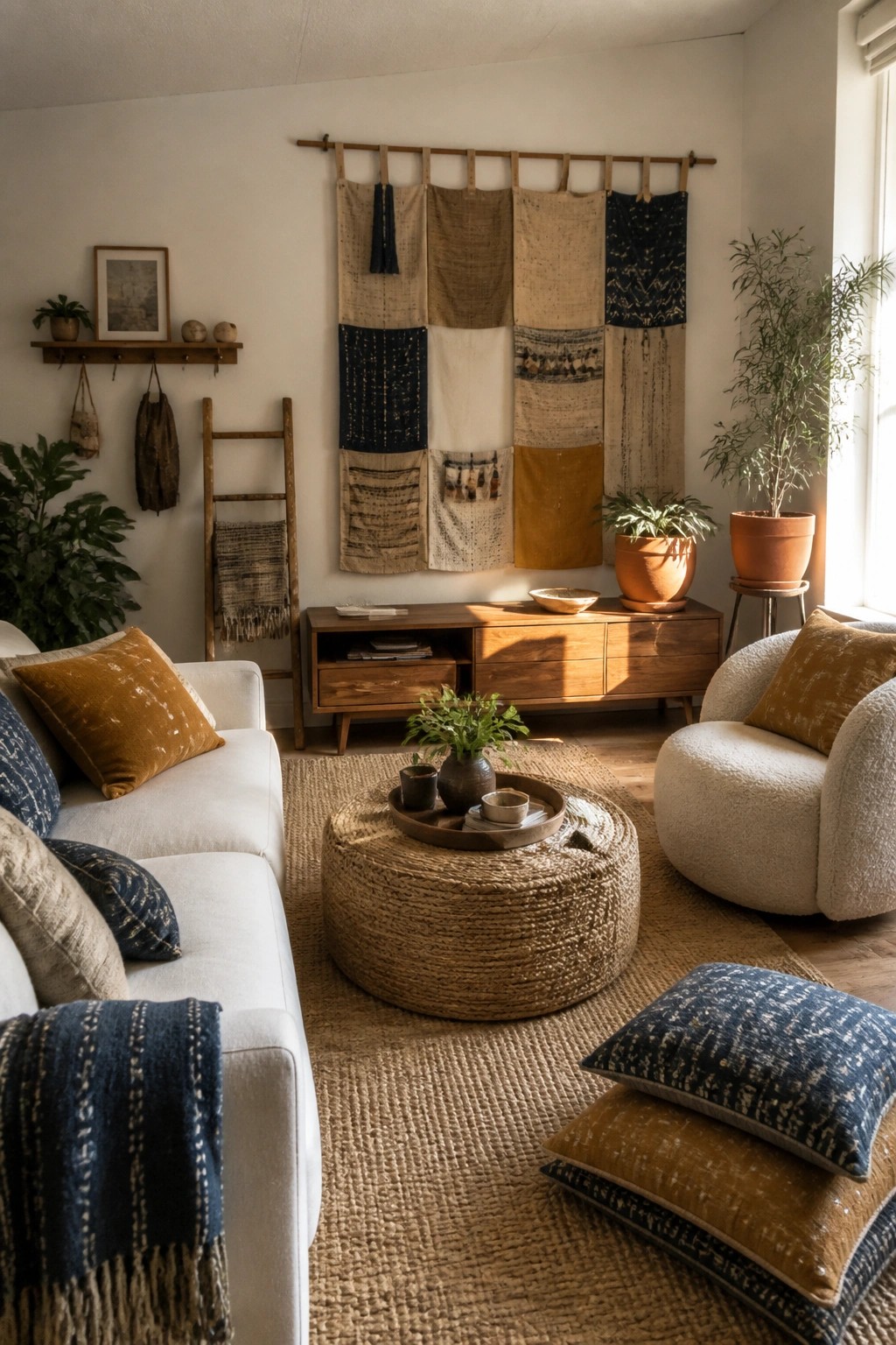 A living room with a large patchwork fabric wall hanging on a wooden rod above a wooden console, with a white sofa, round woven coffee table, and potted plants nearby.