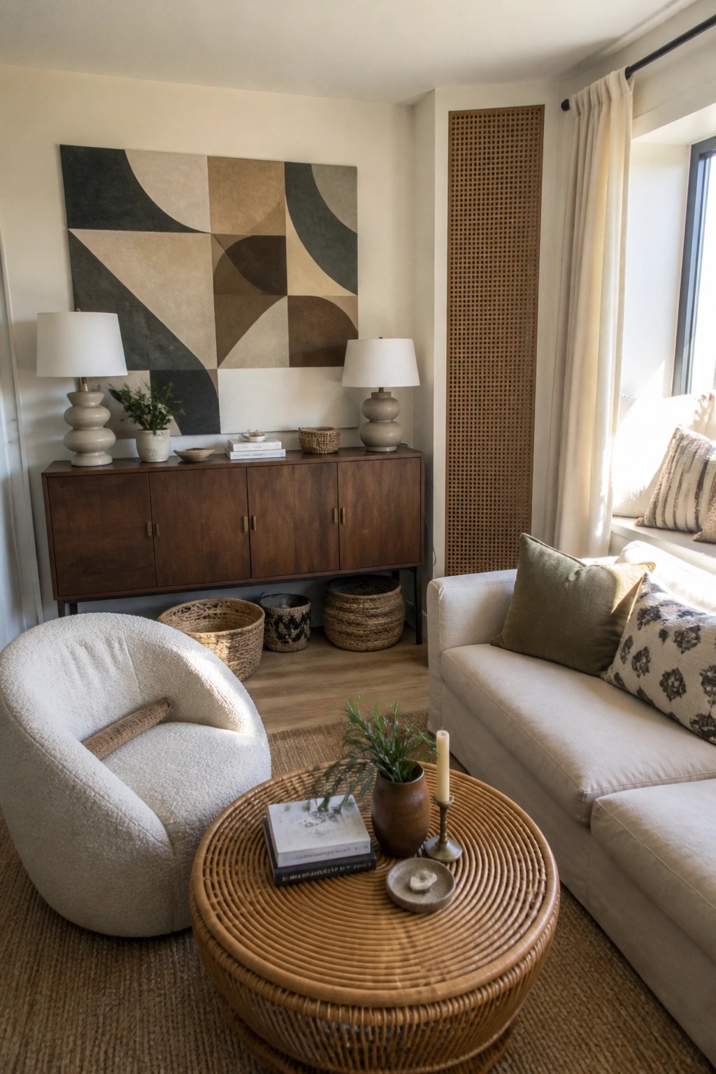 A living room with a large abstract geometric painting hanging above a wooden console table, flanked by two lamps, with a white boucle chair and round rattan coffee table in the foreground.