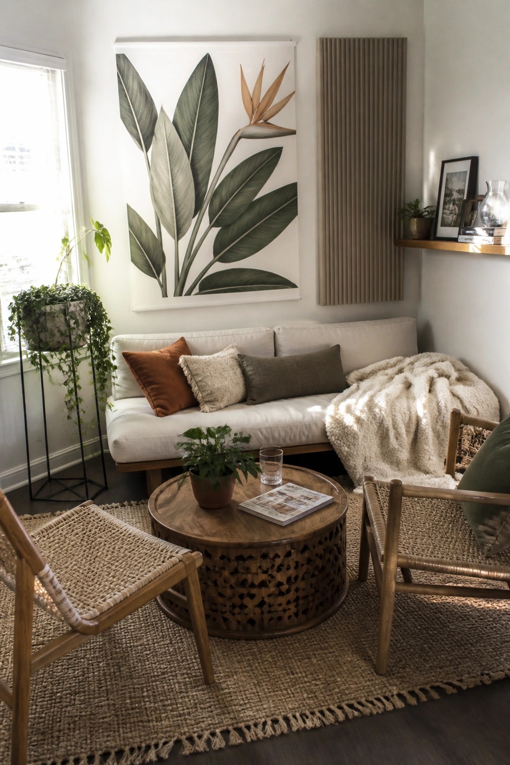 A bright living room with a white sofa, round wood coffee table, two woven wood chairs, a large botanical wall print, and several houseplants on a jute rug.