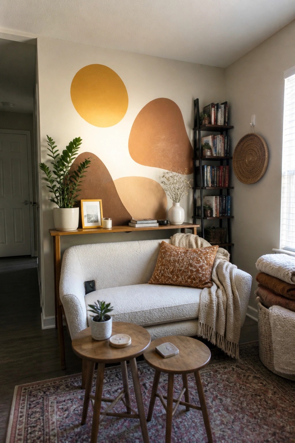 A living room shows a white sofa against a wall covered in large overlapping abstract shapes in yellow, orange, and brown tones, with wooden side tables and a patterned rug in the foreground.