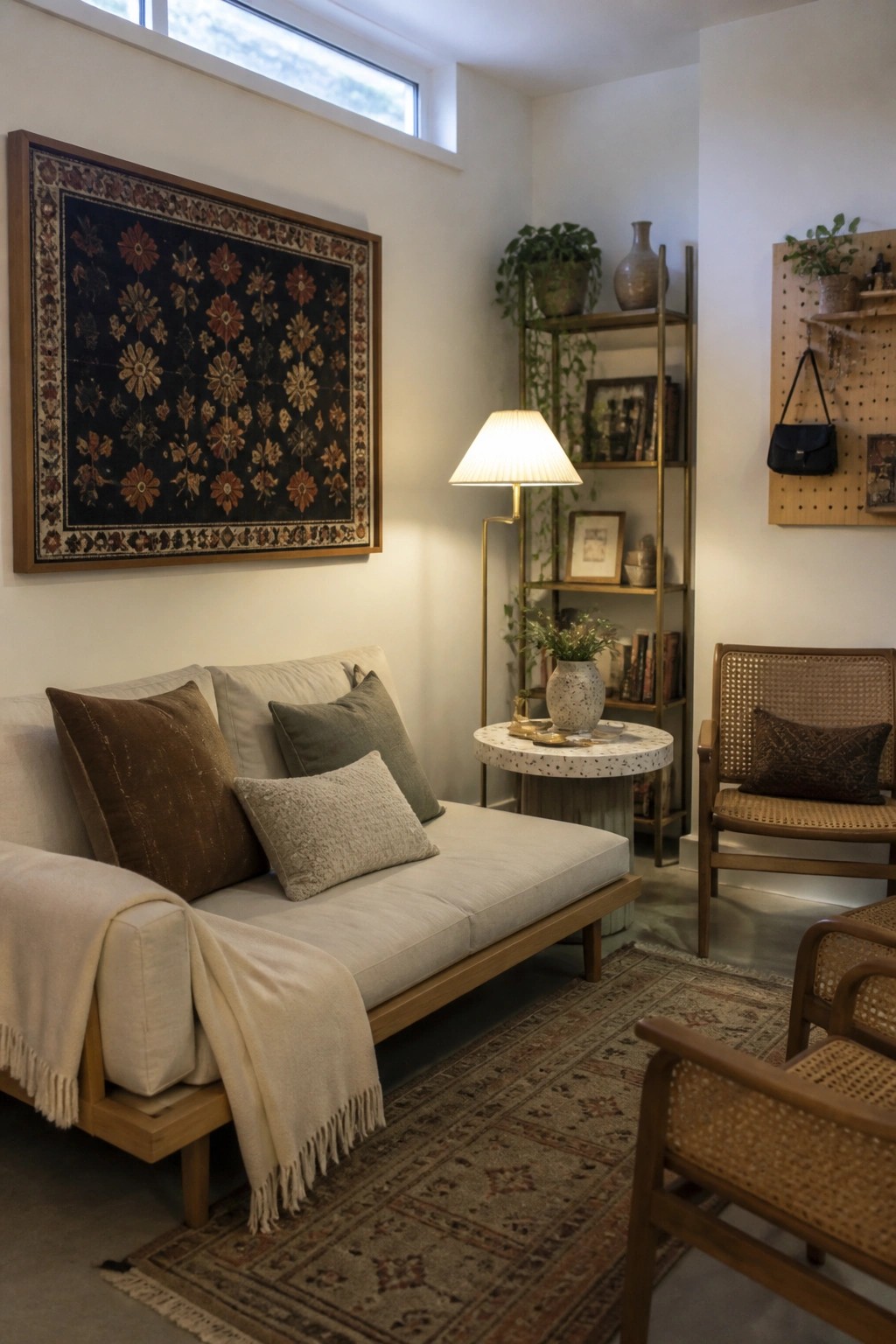 A living room corner showing a light sofa with pillows and a throw, a large dark floral textile in a wood frame on the wall above it, a patterned rug, and a floor lamp beside a small round table.