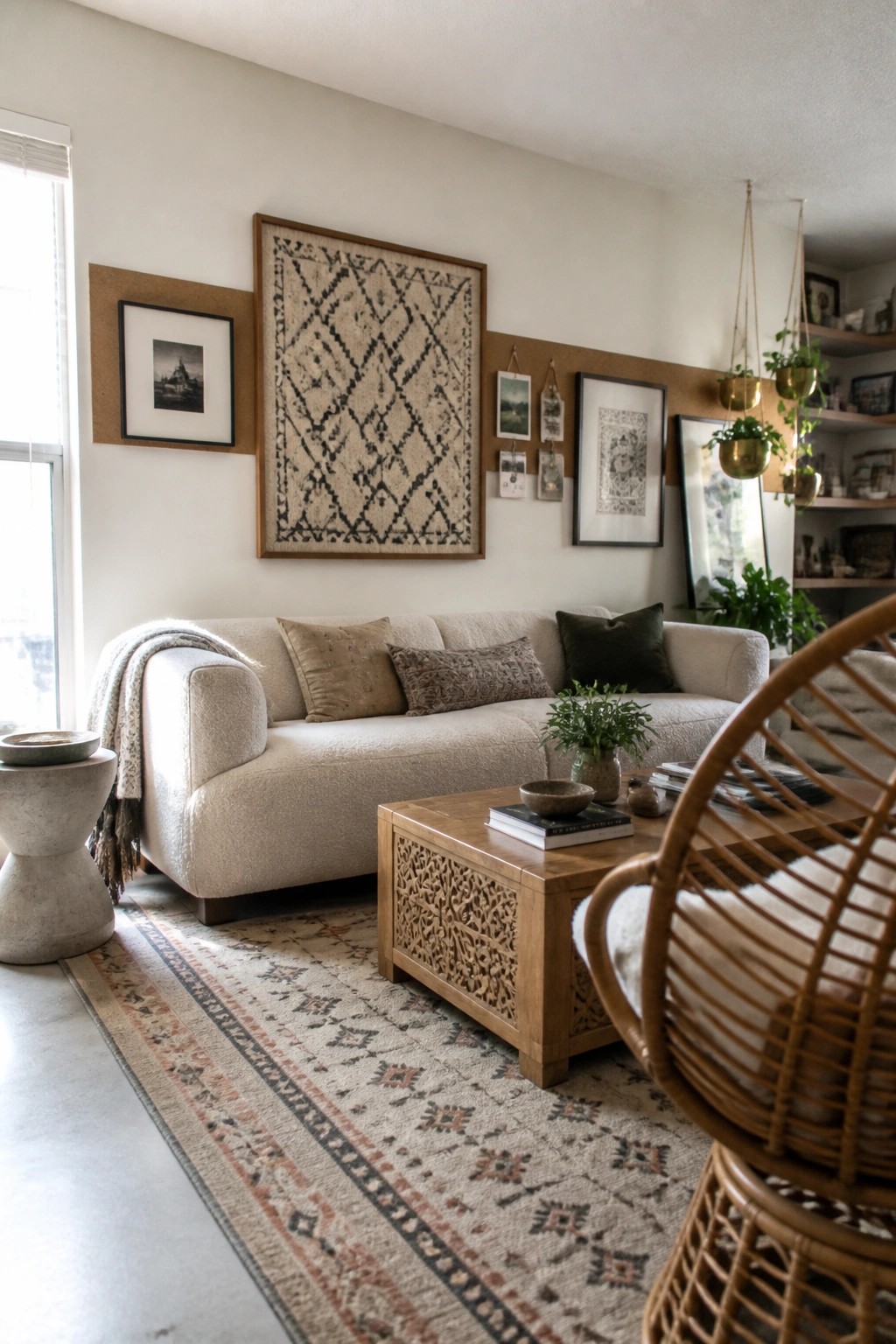 Cozy neutral living room with cream sofa, carved wood table, and hanging plants