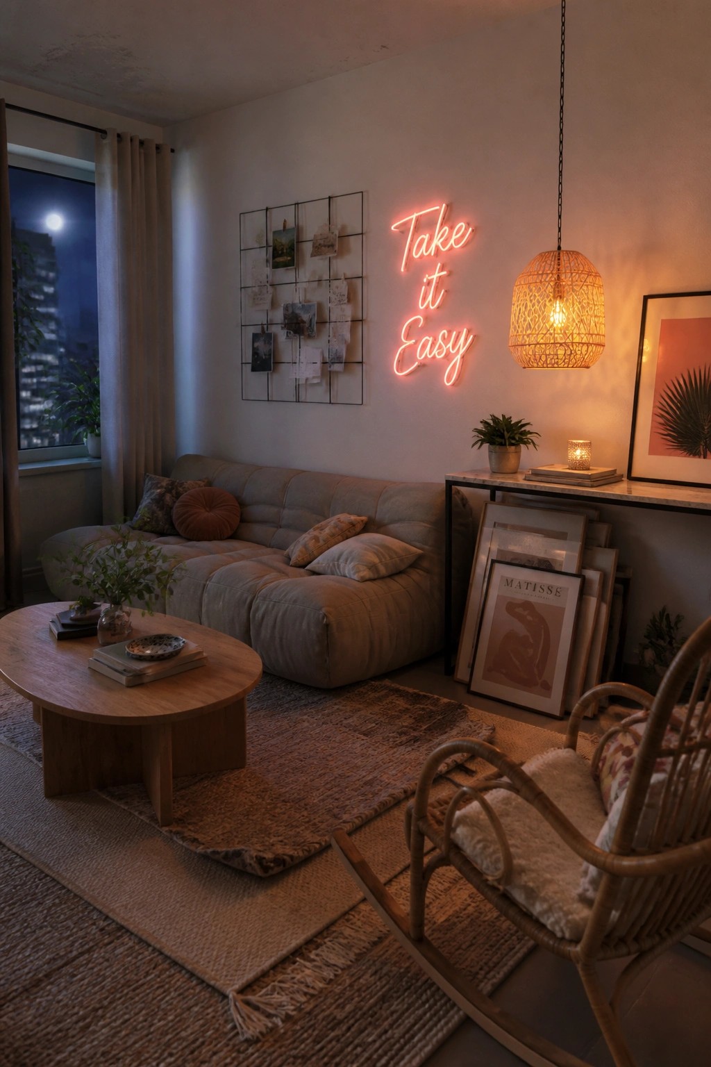 A modern boho living room at night with a beige sectional sofa, round wooden coffee table, woven pendant light, and a pink neon sign on the wall that reads 