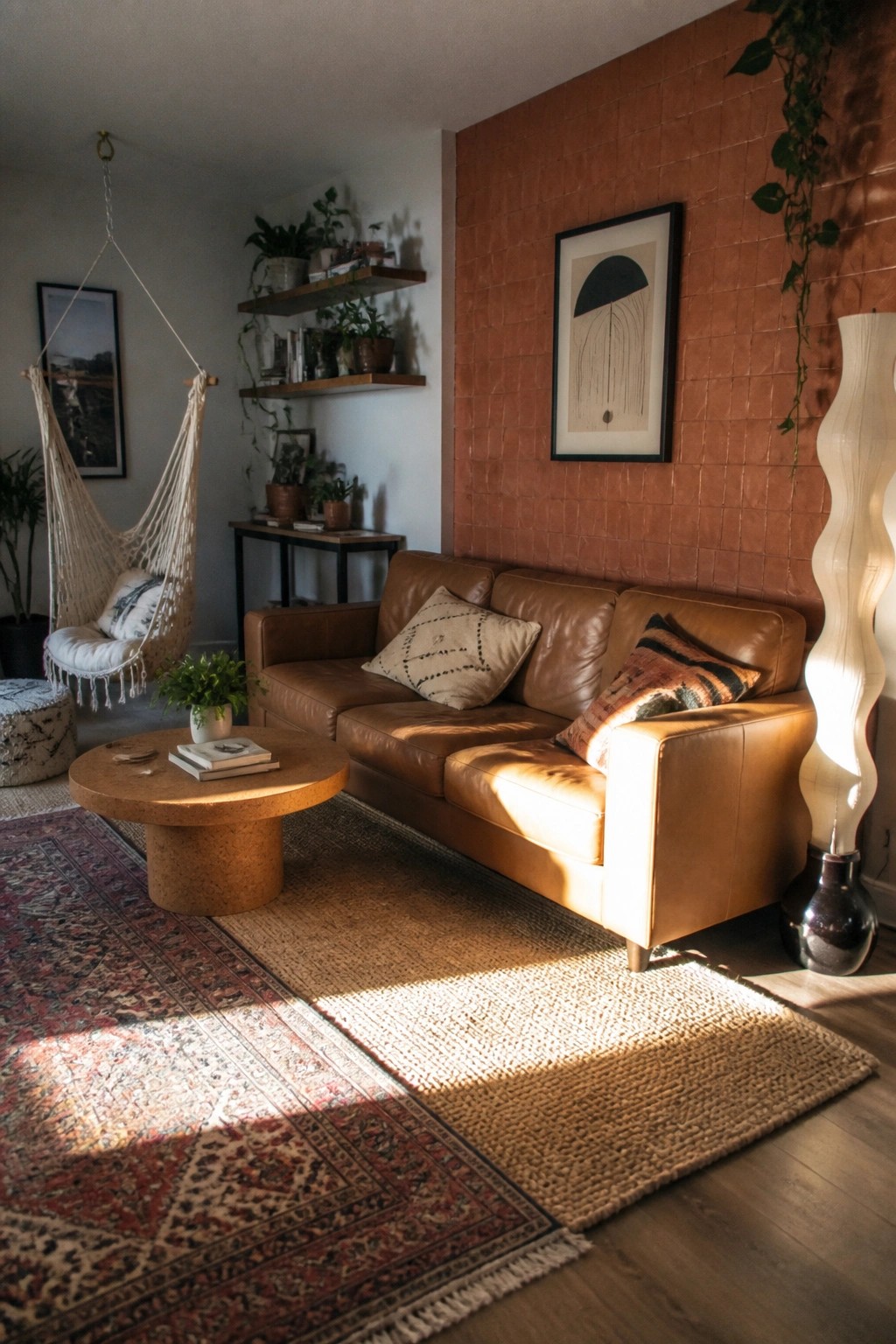A living room featuring a brown leather sofa against a terracotta tiled accent wall with one framed abstract print.