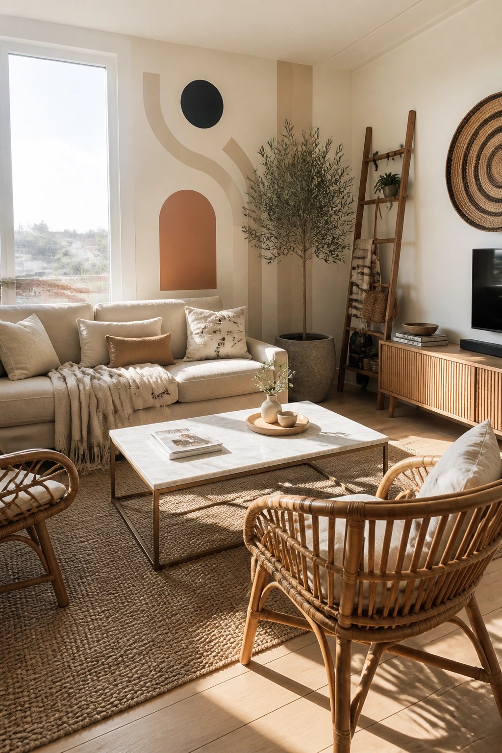 Cozy boho living room with beige sofa, marble table, rattan chair, and woven rug