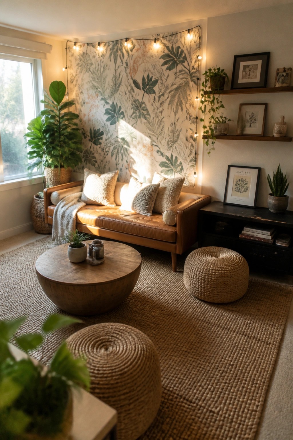 A living room featuring a large botanical patterned wallpaper on the wall behind a brown leather sofa, with string lights, woven ottomans, and multiple houseplants.