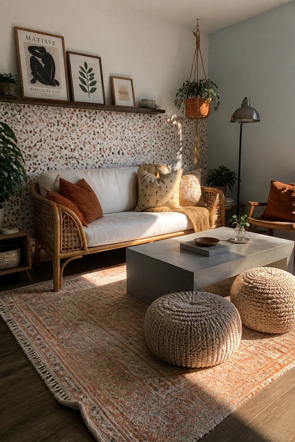 A living room featuring a white sofa against a terrazzo-patterned accent wall with framed art on a wooden shelf above, a concrete coffee table, woven poufs, and natural light.