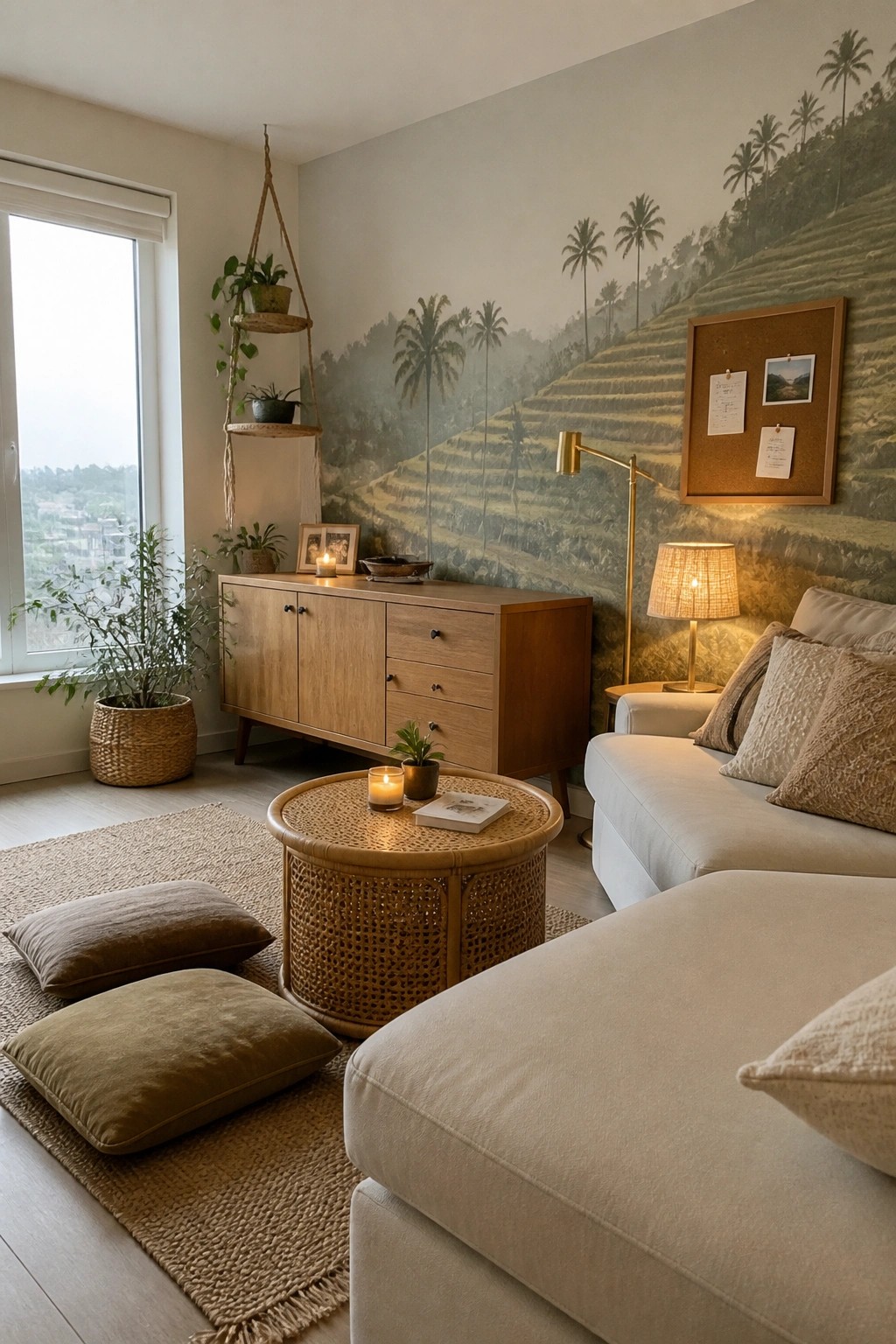 Living room with a large removable mural showing a tropical hillside with palm trees above a wooden sideboard and white sofa.